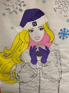 Handdrawn Barbie doll with a purple winter hat, purple gloves and holding a mug of hot cocoa.